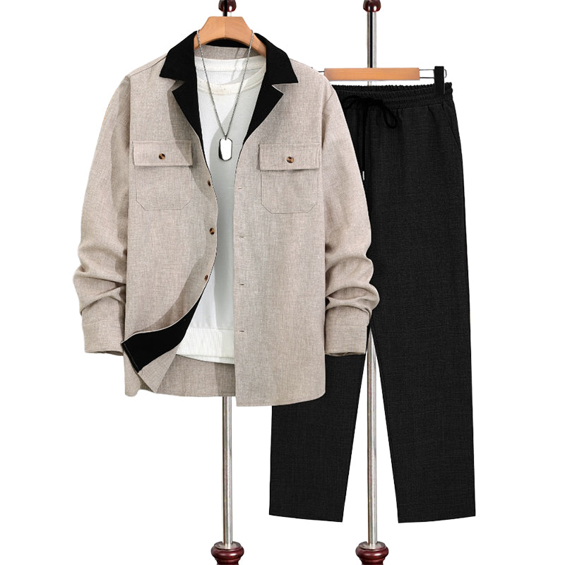Chemise pour homme à manches longues et revers & Pantalon Ensemble 2 pièces