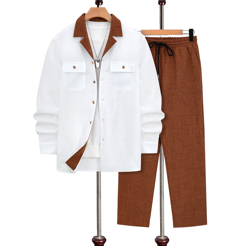 Chemise pour homme à manches longues et revers ＆ Pantalon Ensemble 2 pièces