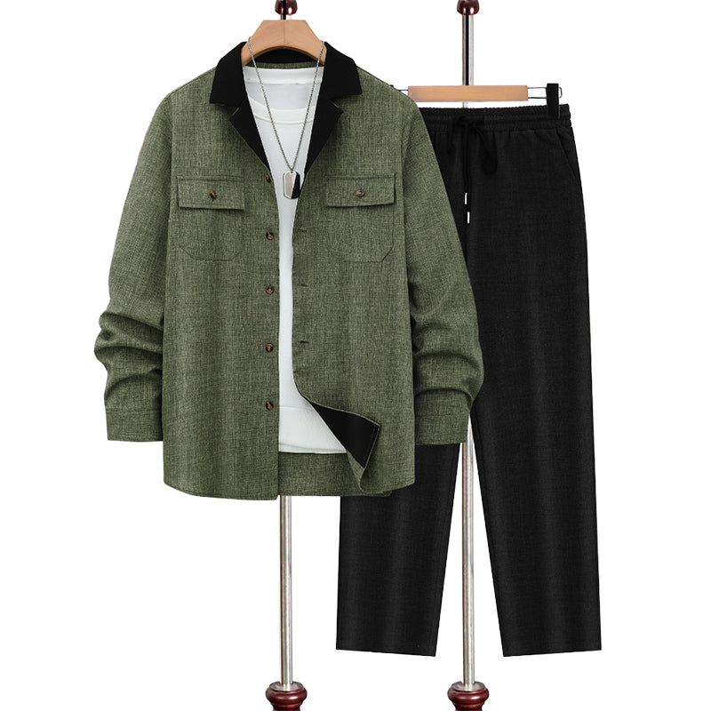 Chemise pour homme à manches longues et revers ＆ Pantalon Ensemble 2 pièces